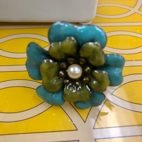 Enamel Turquoise & Green Flower Pop Ring w/ Pearl - Picture 4 of 4
